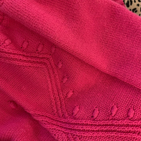 Hot pink cardigan with dot pattern and wide sleeve that tapers at wrist. - Picture 3 of 3